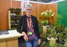 Carina Doomen van "Het Slagmoer" met een breed assortiment aan sierheesters op de beurs.