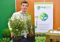 Jim Hendrikx, de jongste ondernemer van de hele beurs, van Power Plantz met een mooie Osmanthus Burkwoodii en Eleaegnus Ebbingei.