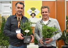 Guy Henderiekckx en Pieter van Kuijk met de Ilex Dark Green. Een gepatenteerd soort van de kweker. "De producten van I-lex zijn een goede vervanging voor de Buxus, doordat deze geen last hebben van schimmel of Buxusmot." Guy en Pieter stonden er met lijnen voor heggen en diverse speciale snoeivormen.