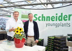 Stephen Fones en Anton Hooijmeijer van Schneider Youngplants presenteren de Helianthus Sunsation van Benary, een 'genetisch super compacte dwerg zonnebloem'.