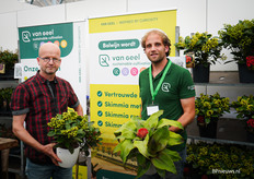 Chris Bolwijn en Jorrit van Geel met de skimmia's en bromelia's 