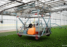 Gietwagen van Ezendam waarmee pleksgewijs planten geremd kunnen worden, elektrisch aangedreven