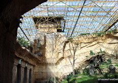 Achter deze waterval is een lift waarmee medewerkers het dak van de kas kunnen bereiken