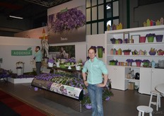 Boy Perdaems op de omvangrijke stand van Addenda. Het bedrijf voert twee soorten, Hebe en Campanula's - maar flaneerde nu uitsluitend met de laatste, omdat het daar nu het seizoen voor is.