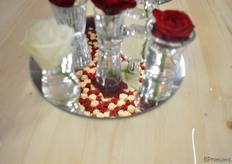 Lansbergen Roses en Van Rijn Roses deelden een stand en hadden een indrukwekkend plafond van rozen gefabriceerd.