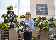 Stefanie Günter van Benary holding the Begonia tuberhybrida F1 Nonstop Joy Mocca White. Het is een nieuwe introductie aan de Nonstop Joy serie. De Joy Mocca is een half-hangende Begonia uit zaad en is gemakkelijk te telen, hoezen en vervoeren.