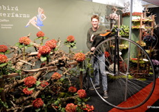 Gijs van Geffen van Bluebird Flowerfarm kan niet alleen mooie bloemen kweken, hij schijnt ook een rondje te kunnen fiesten op dit wonderlijke fietsmodelletje. De kweker deelt een stand met Sietse Kuiper van Kuipers Skimmia Flowers.