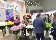 Christina Duque Saenz of Yasa (on the left) talking with a visitor. This Colombian disbud and spray Chrysanthemum grower is slightly different compared to other Colombian chrysanthemum growers as they do not grow their flowers in Medellin, but in Bogota. More on this later in FloralDaily.