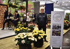 Helle Graff of Graff Breeding behind their HibisQs Boreas White and Yellow and a novelty in the back. They have over 25 years of breeding experience and were one of the first that that introduced long flowering hibiscus. Her and Paul's son Jakob Graff is fourth generation in the company.