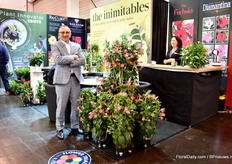 Erick Ciraud of DHMI presenting the new Quartz Pink and Yellow dipladenia that will be available in 2021. According to Ciraud, the color combination of the flower is unique, with the large yellow throat and dark pink color. Also, the flower shape looks like a sanderi type, even though it is a hybrid now.