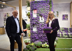 Rober Bijwaard and Anett Madsen of PKM presenting how their campanulas will look like when they are used as a ground cover. The campanulas used in this wall are the "Blue Get Mee". Special about these plants are the upright habit and the green foliage.
