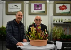 Jan Ekelmans van Boomerang Plants en Michel Tax van Veiling Rhein Maas met op de tafel een mooie vleesetende plant van kwekerij Stricker.